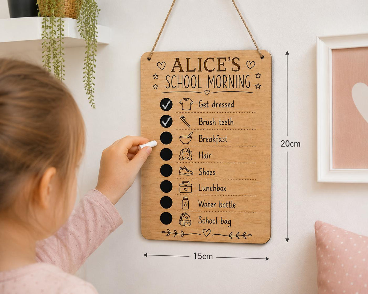 Personalised School Morning Routine Board | Kids Wooden Checklist | Back to School Routine Chart | Childrens Chalkboard Reward Chart