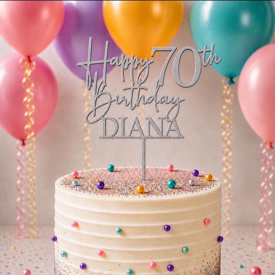 Personalised Happy 70th Birthday Cake Topper | Custom Name Cake Topper | 70th Cake Decoration | Birthday Cake Topper | Wooden MDF Cake Top