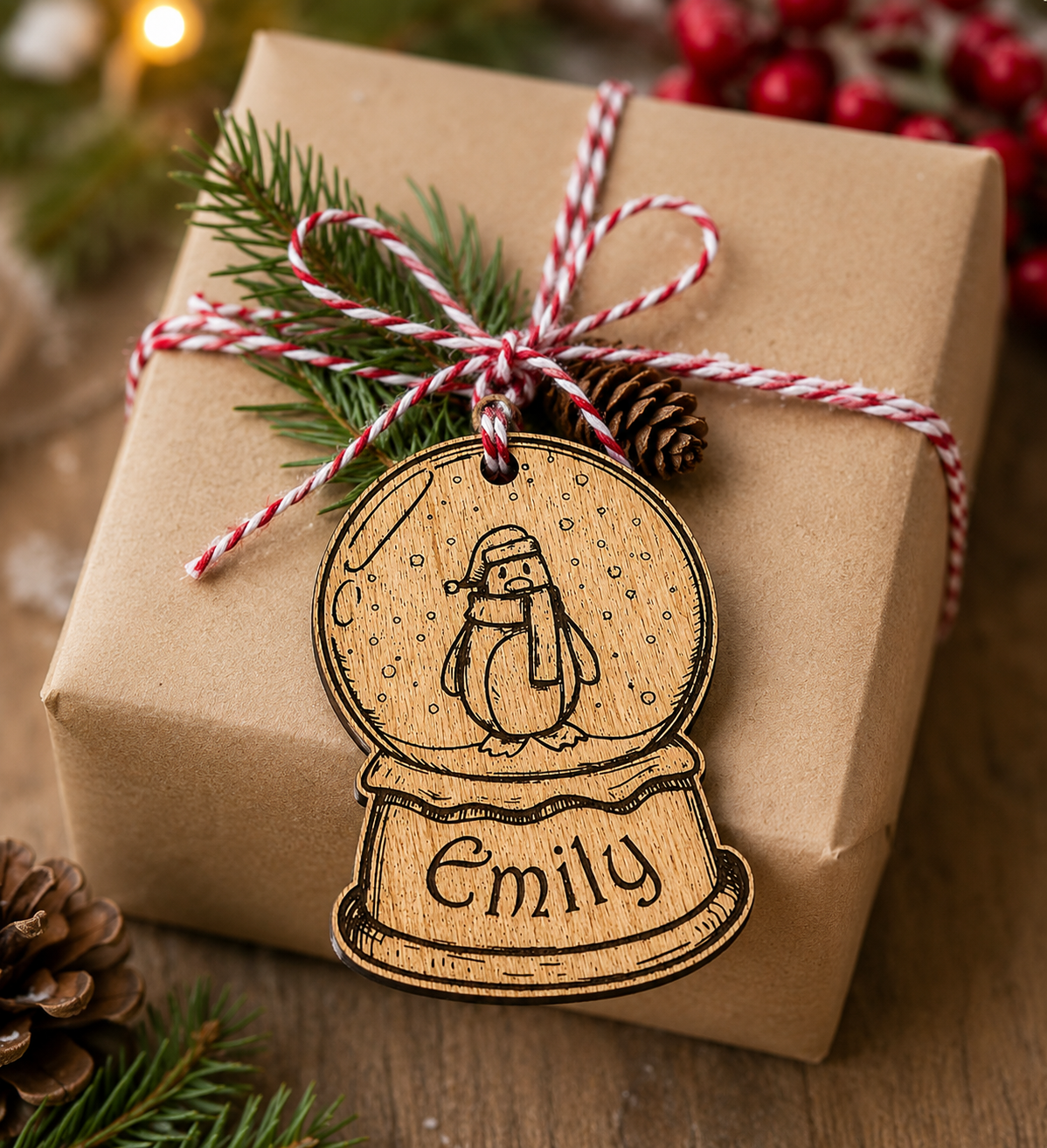 Personalised Wooden penguin snow globe gift tag attached to Christmas present