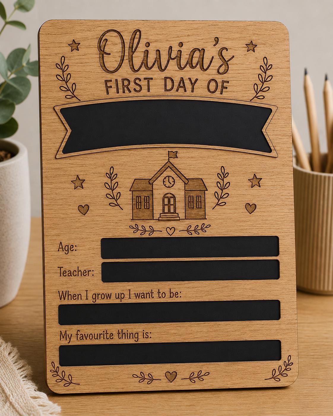 Personalised First Day of School Board | Wooden Back to School Sign | First Day Photo Prop | Reusable First Day Chalkboard Milestone Board