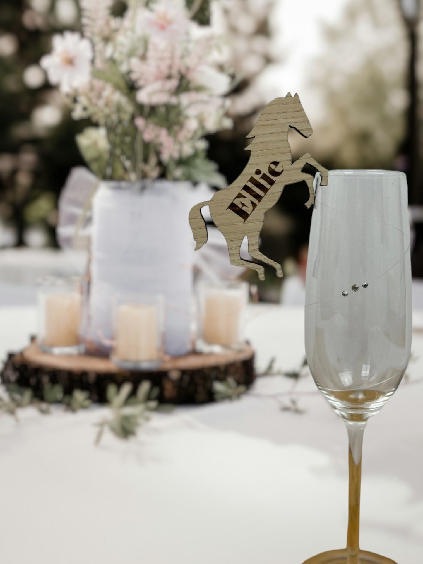 Engraved Wooden Horse Wine Glass Charms – Rustic Wedding Table Decor