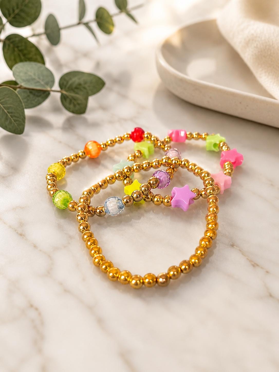 3 Beaded Bracelets, Gold Colourful Star Bead Bracelet, Friendship Bracelet, Kids Jewellery, Stacking Bracelet, Birthday Gift for Girls