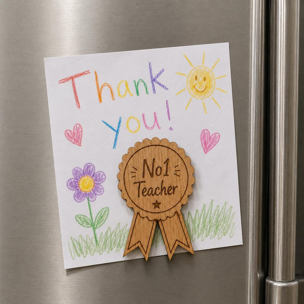 No.1 Teacher Magnet Gift | Wooden Rosette Gift | Teacher Appreciation Present | End of Term Teacher Gift | Classroom Fridge Magnet