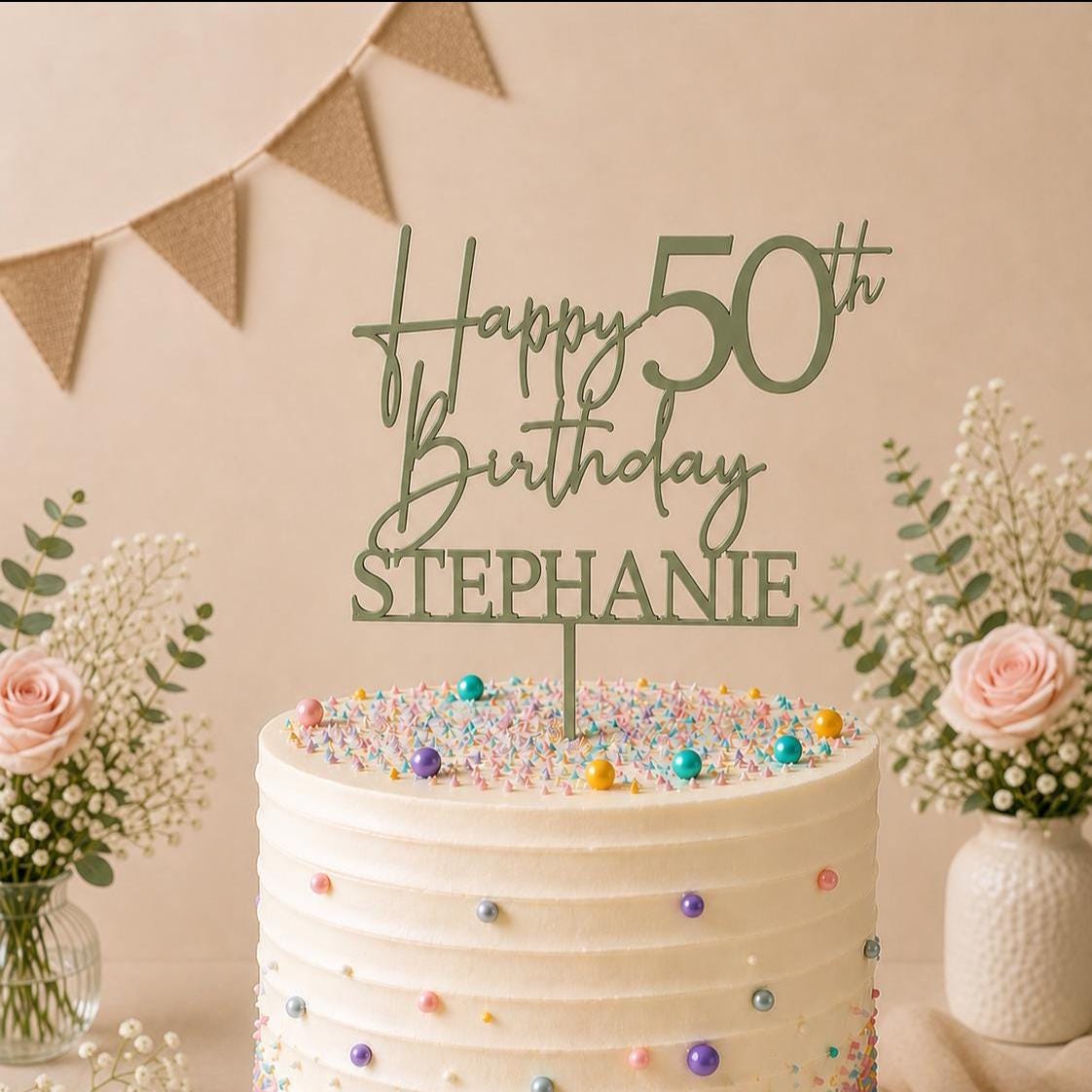 Personalised Happy 50th Birthday Cake Topper | Custom Name Cake Topper | 50th Cake Decoration | Birthday Cake Topper | Wooden MDF Cake Top