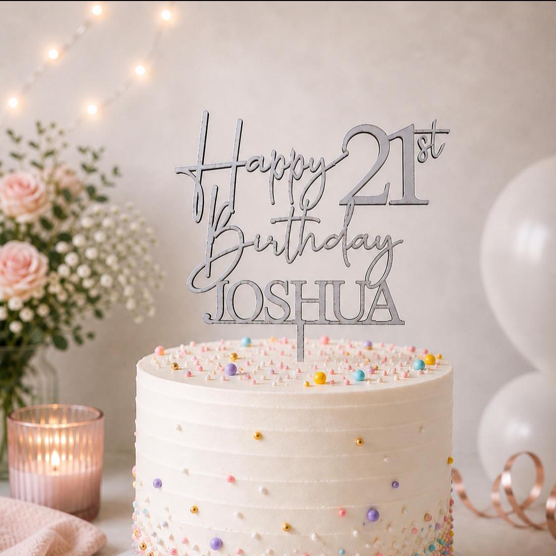Personalised Happy 21st Birthday Cake Topper | Custom Name Cake Topper | 21st Cake Decoration | Birthday Cake Topper | Wooden MDF Cake Top