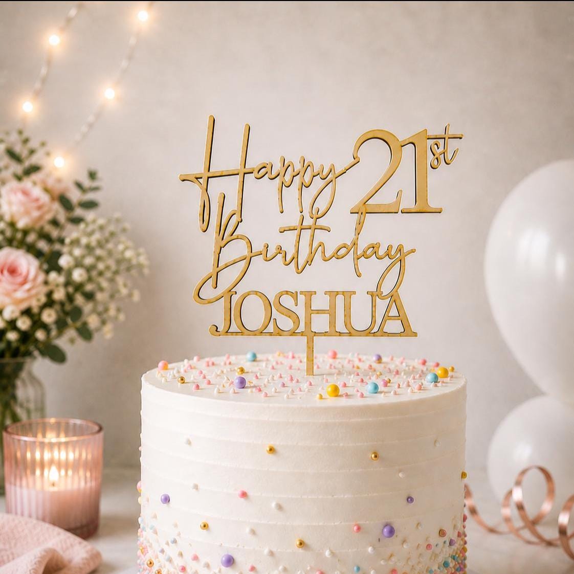 Personalised Happy 21st Birthday Cake Topper | Custom Name Cake Topper | 21st Cake Decoration | Birthday Cake Topper | Wooden MDF Cake Top