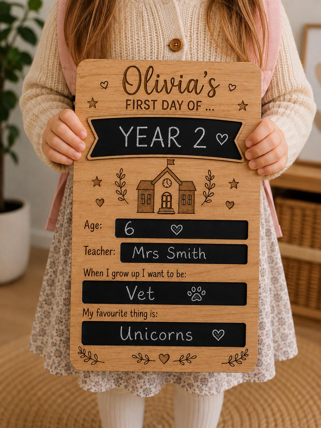 Personalised First Day of School Board | Wooden Back to School Sign | First Day Photo Prop | Reusable First Day Chalkboard Milestone Board