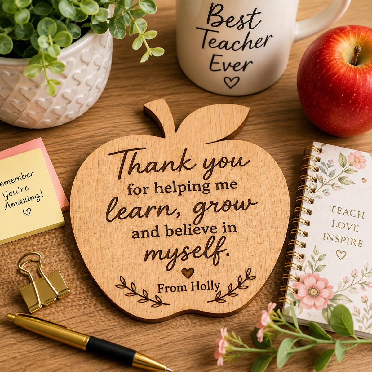 Personalised Teacher Apple Coaster | Wooden Teacher Appreciation Gift | Thank You Teacher Present | End of Term Gift | Teacher Gift