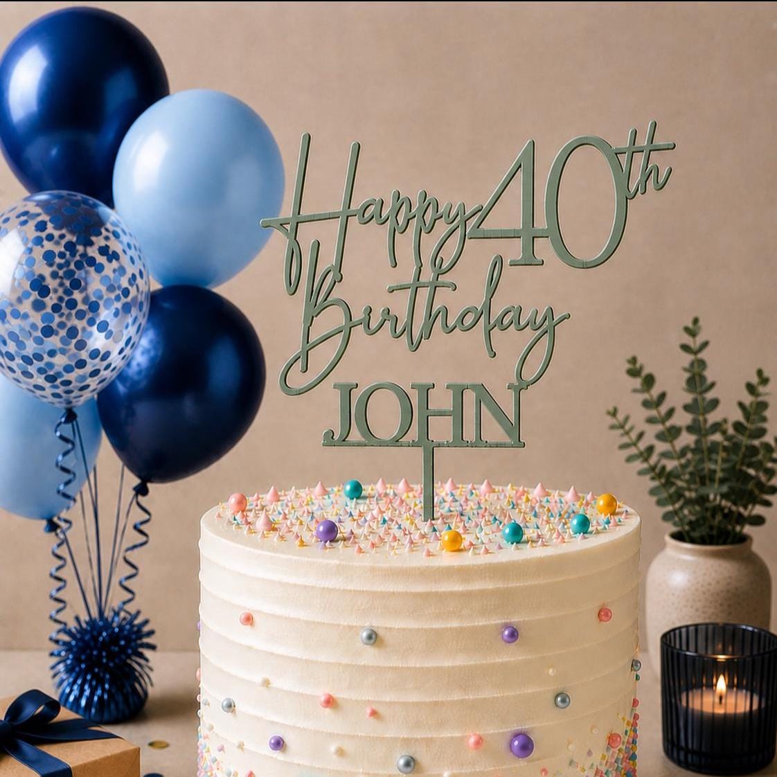 Personalised Happy 40th Birthday Cake Topper | Custom Name Cake Topper | 40th Cake Decoration | Birthday Cake Topper | Wooden MDF Cake Top