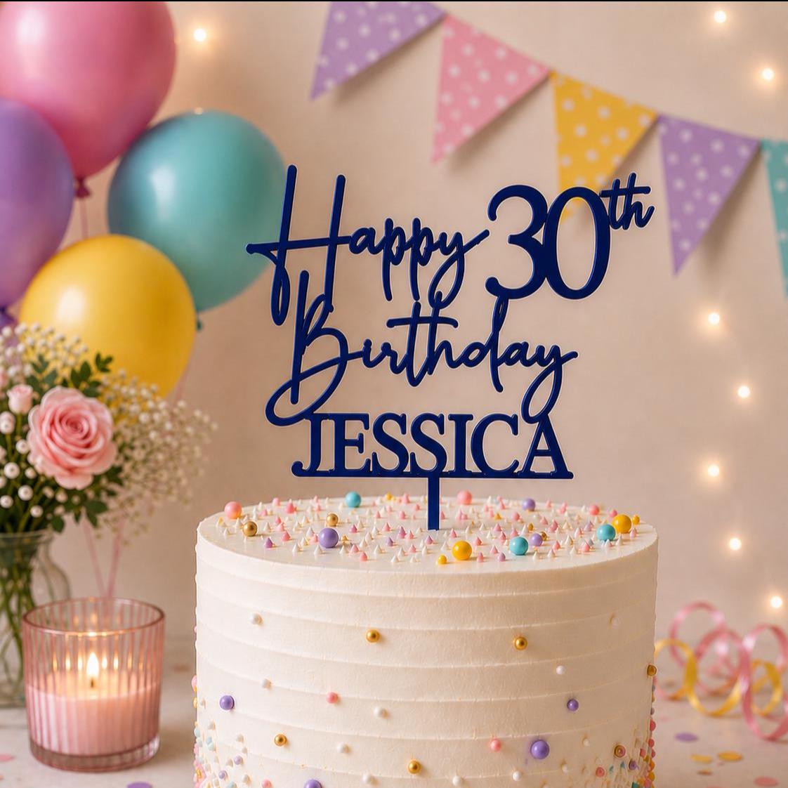 Personalised Happy 30th Birthday Cake Topper | Custom Name Cake Topper | 30th Cake Decoration | Birthday Cake Topper | Wooden MDF Cake Top