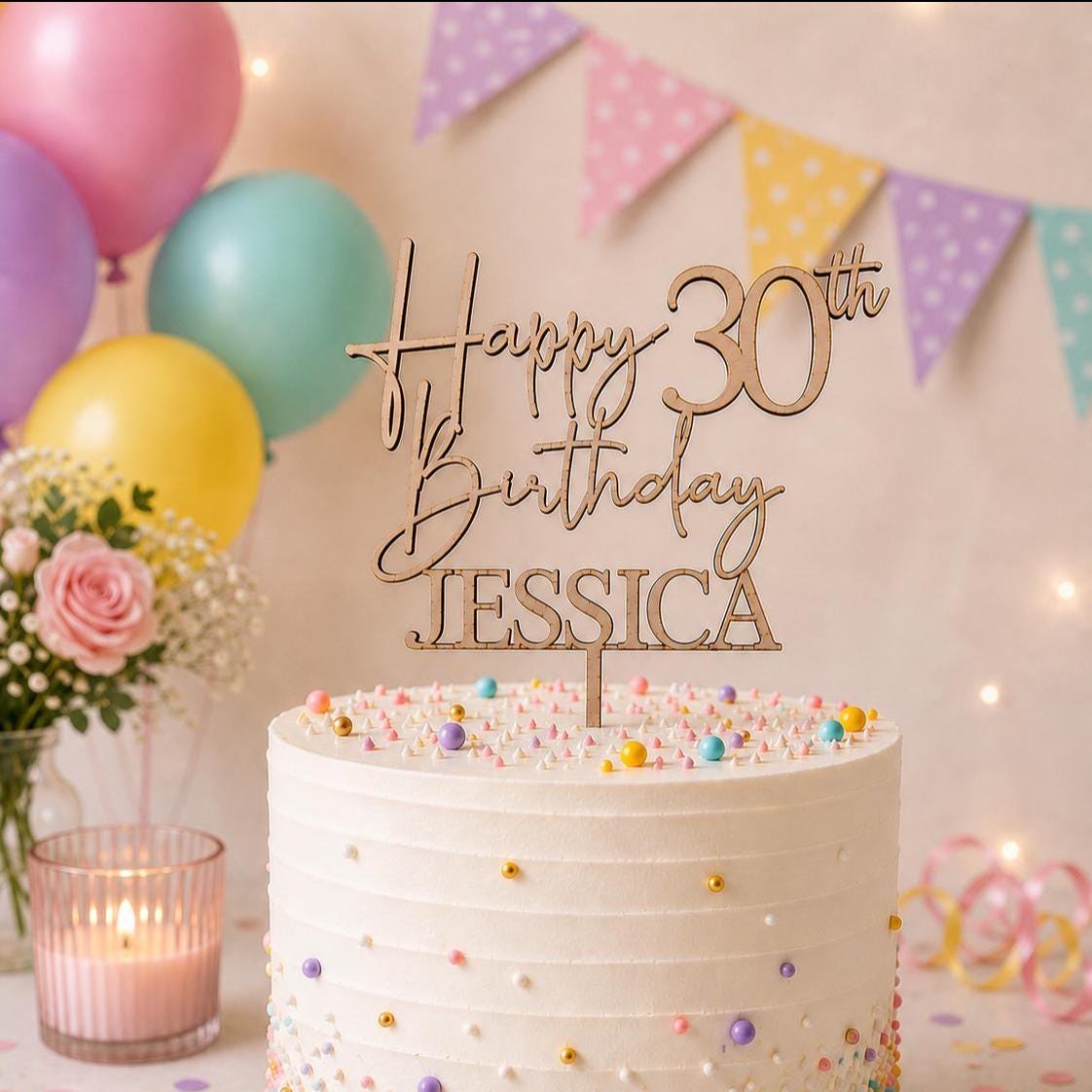 Personalised Happy 30th Birthday Cake Topper | Custom Name Cake Topper | 30th Cake Decoration | Birthday Cake Topper | Wooden MDF Cake Top