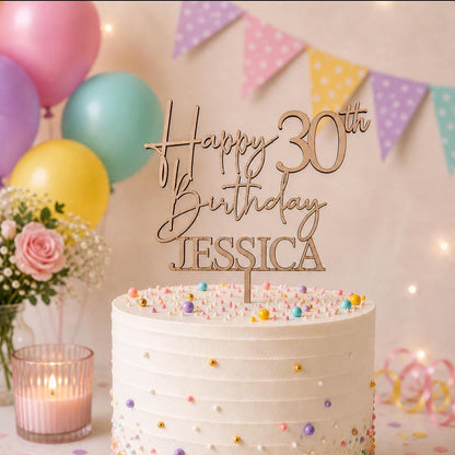 Personalised Happy 30th Birthday Cake Topper | Custom Name Cake Topper | 30th Cake Decoration | Birthday Cake Topper | Wooden MDF Cake Top