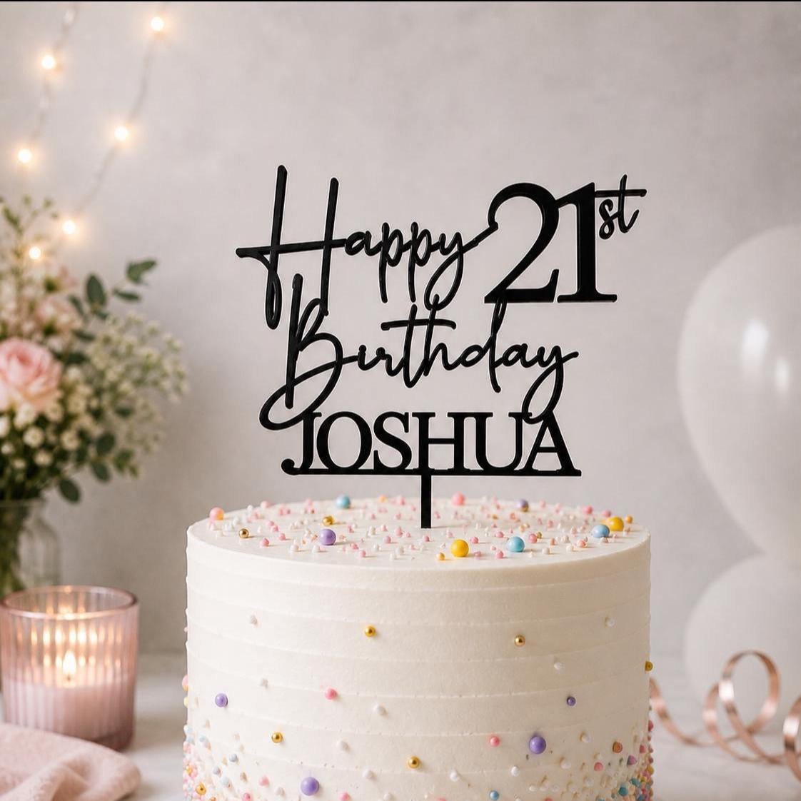 Personalised Happy 21st Birthday Cake Topper | Custom Name Cake Topper | 21st Cake Decoration | Birthday Cake Topper | Wooden MDF Cake Top