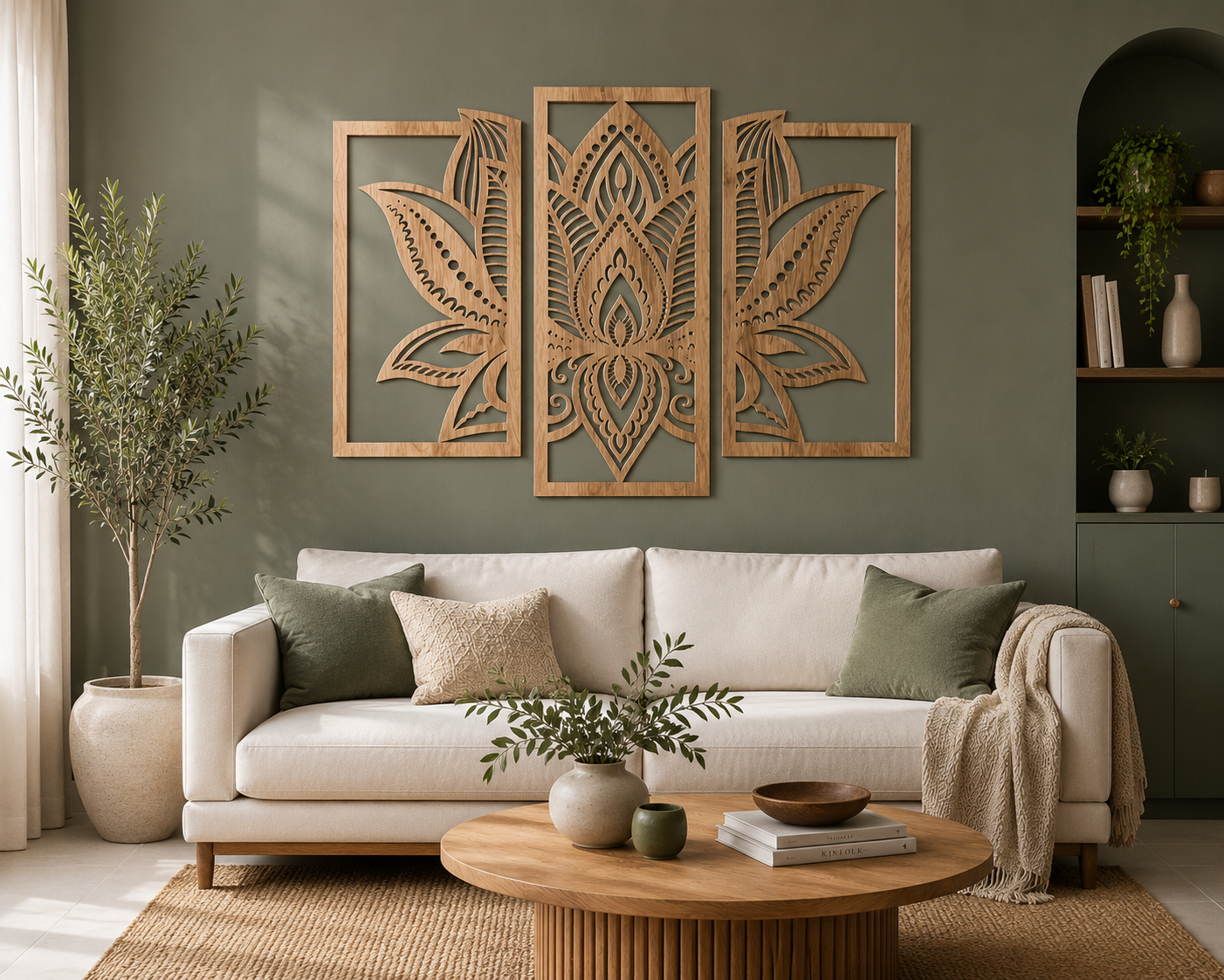 3 panel mandala lotus flower wooden wall art set