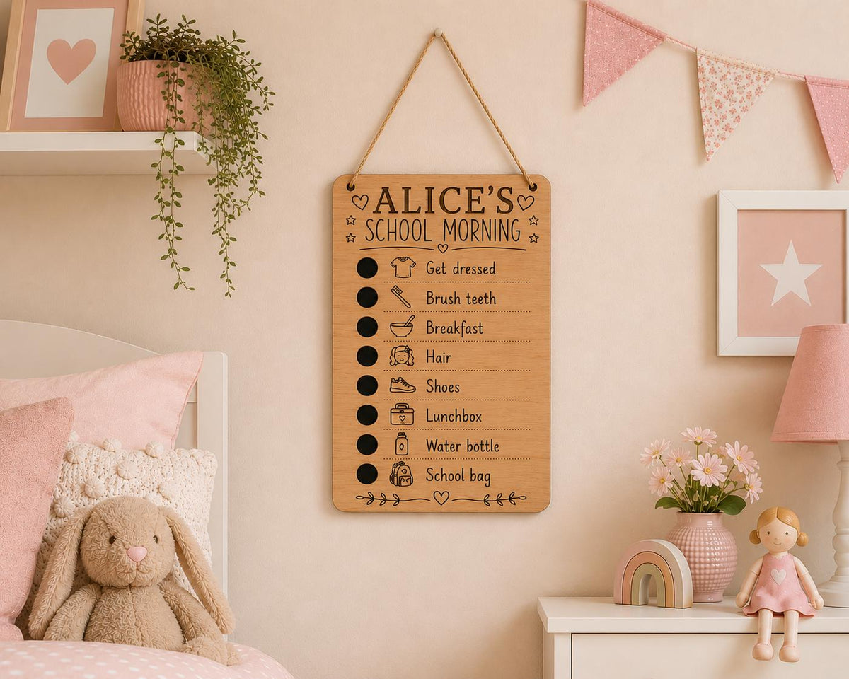 Personalised School Morning Routine Board | Kids Wooden Checklist | Back to School Routine Chart | Childrens Chalkboard Reward Chart