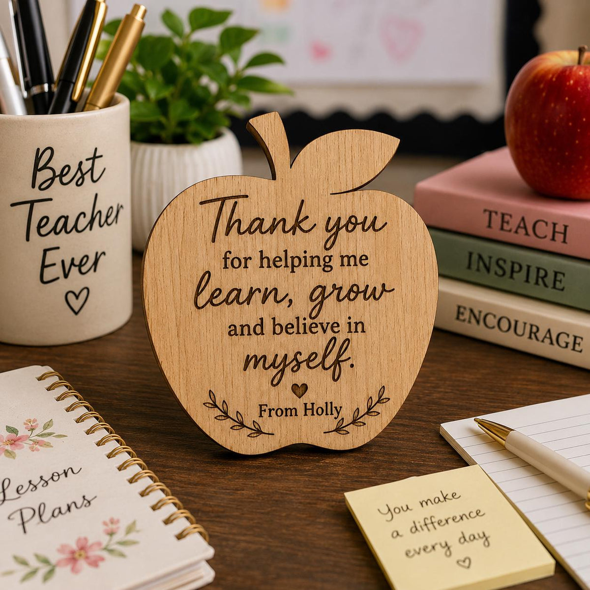 Personalised Teacher Apple Coaster | Wooden Teacher Appreciation Gift | Thank You Teacher Present | End of Term Gift | Teacher Gift