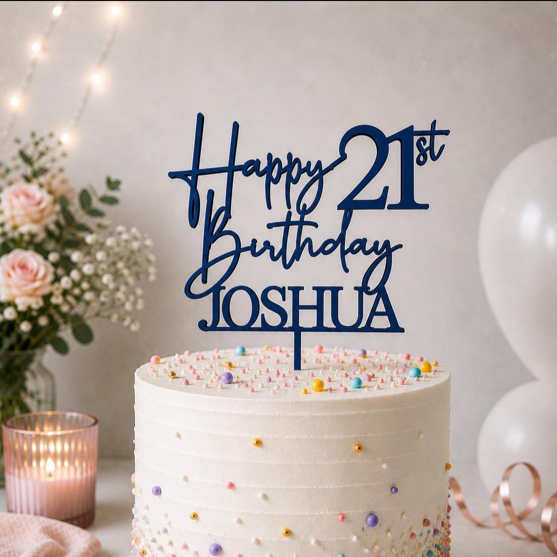 Personalised Happy 21st Birthday Cake Topper | Custom Name Cake Topper | 21st Cake Decoration | Birthday Cake Topper | Wooden MDF Cake Top