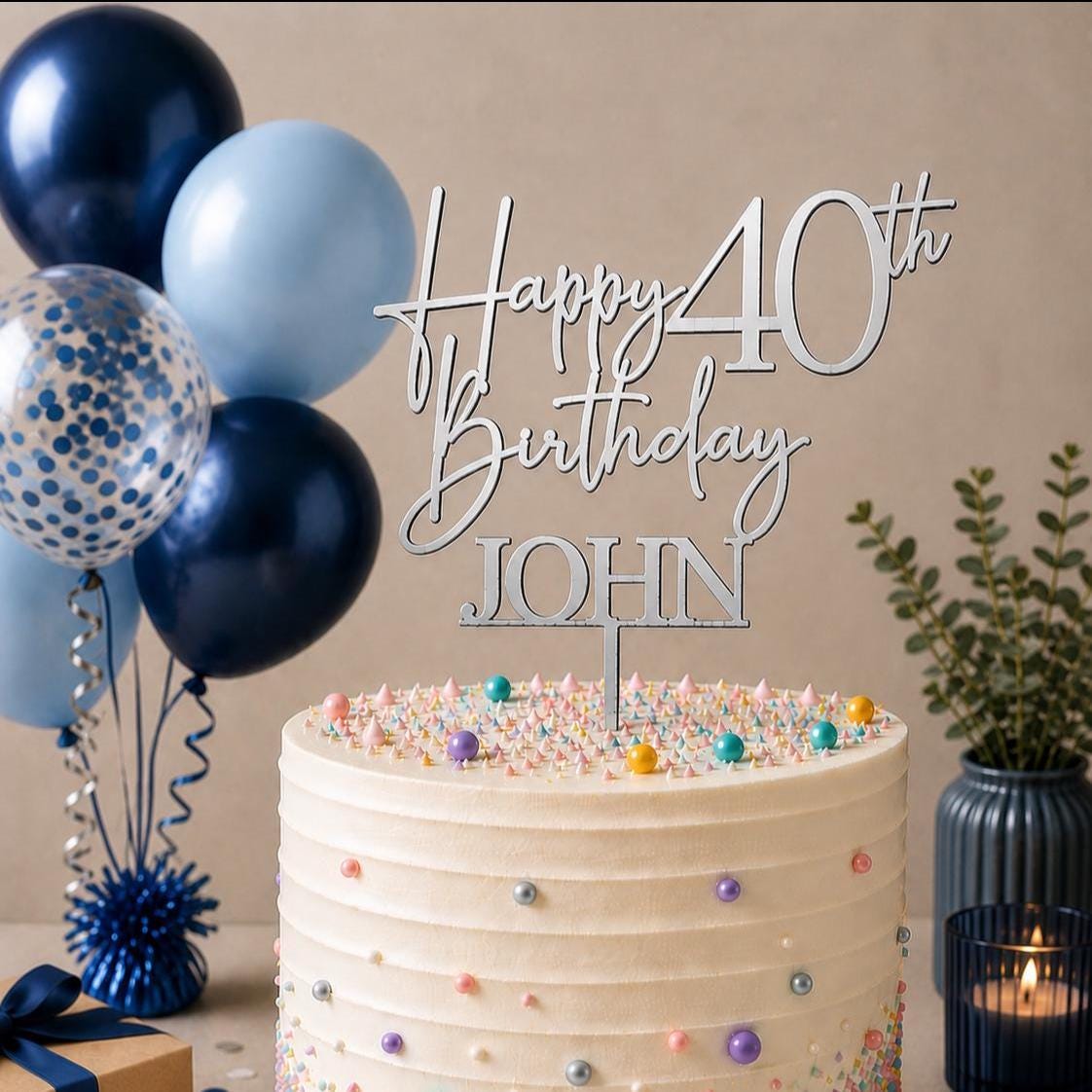 Personalised Happy 40th Birthday Cake Topper | Custom Name Cake Topper | 40th Cake Decoration | Birthday Cake Topper | Wooden MDF Cake Top