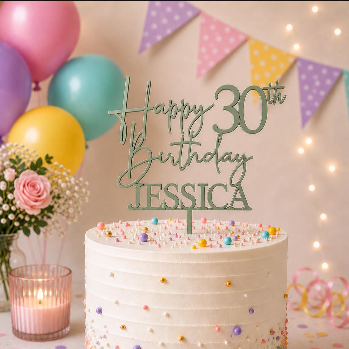 Personalised Happy 30th Birthday Cake Topper | Custom Name Cake Topper | 30th Cake Decoration | Birthday Cake Topper | Wooden MDF Cake Top