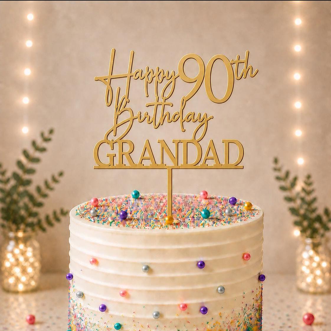 Personalised Happy 90th Birthday Cake Topper | Custom Name Cake Topper | 90th Cake Decoration | Birthday Cake Topper | Wooden MDF Cake Top