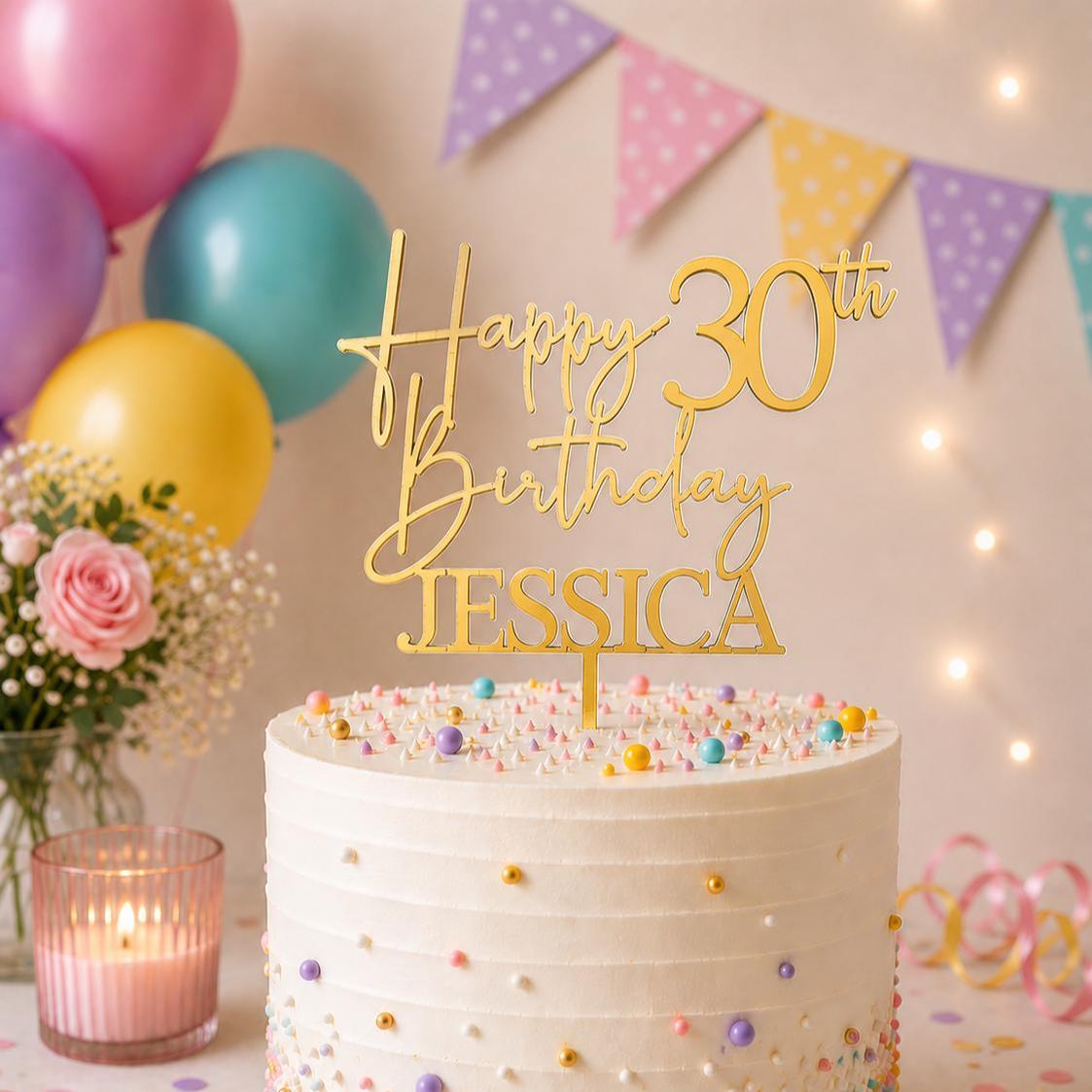 Personalised Happy 30th Birthday Cake Topper | Custom Name Cake Topper | 30th Cake Decoration | Birthday Cake Topper | Wooden MDF Cake Top