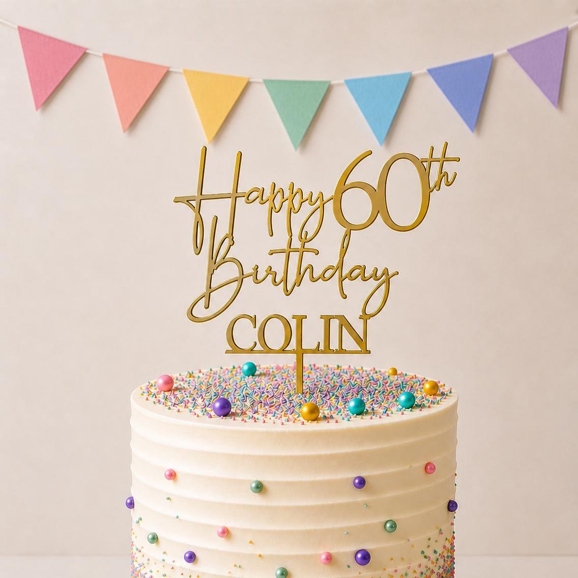 Personalised Happy 60th Birthday Cake Topper | Custom Name Cake Topper | 60th Cake Decoration | Birthday Cake Topper | Wooden MDF Cake Top