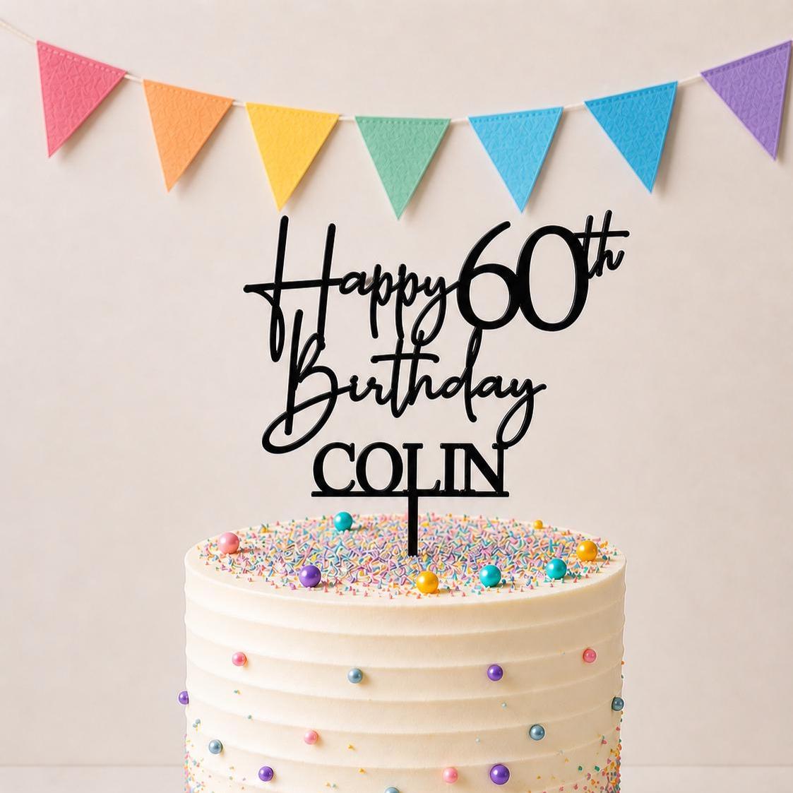 Personalised Happy 60th Birthday Cake Topper | Custom Name Cake Topper | 60th Cake Decoration | Birthday Cake Topper | Wooden MDF Cake Top