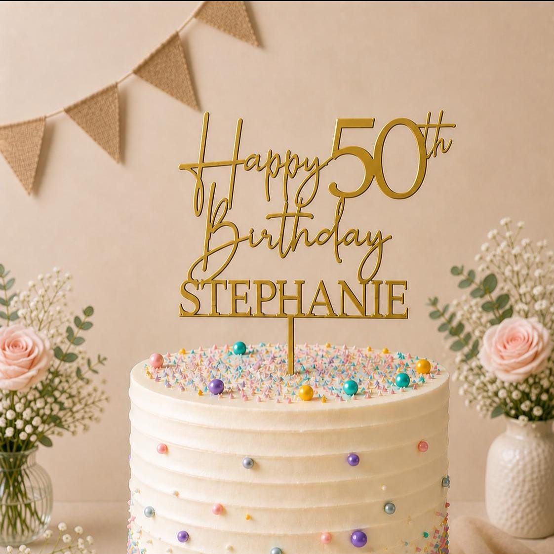 Personalised Happy 50th Birthday Cake Topper | Custom Name Cake Topper | 50th Cake Decoration | Birthday Cake Topper | Wooden MDF Cake Top