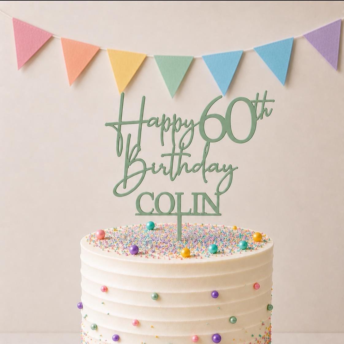 Personalised Happy 60th Birthday Cake Topper | Custom Name Cake Topper | 60th Cake Decoration | Birthday Cake Topper | Wooden MDF Cake Top