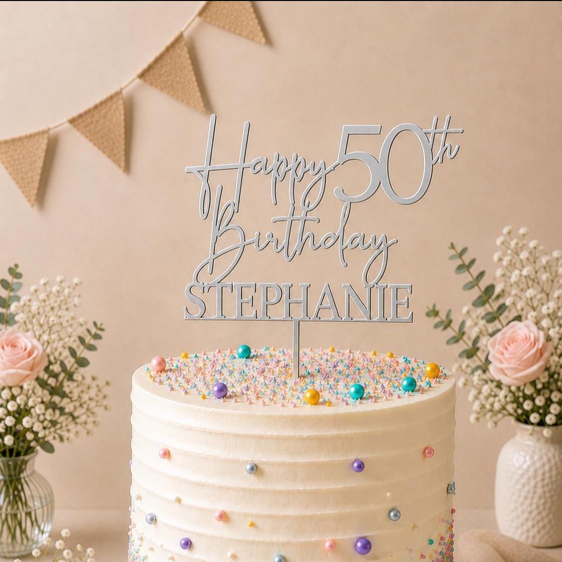 Personalised Happy 50th Birthday Cake Topper | Custom Name Cake Topper | 50th Cake Decoration | Birthday Cake Topper | Wooden MDF Cake Top