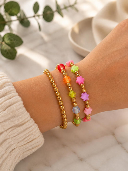 3 Beaded Bracelets, Gold Colourful Star Bead Bracelet, Friendship Bracelet, Kids Jewellery, Stacking Bracelet, Birthday Gift for Girls