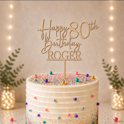 Personalised Happy 80th Birthday Cake Topper | Custom Name Cake Topper | 80th Cake Decoration | Birthday Cake Topper | Wooden MDF Cake Top