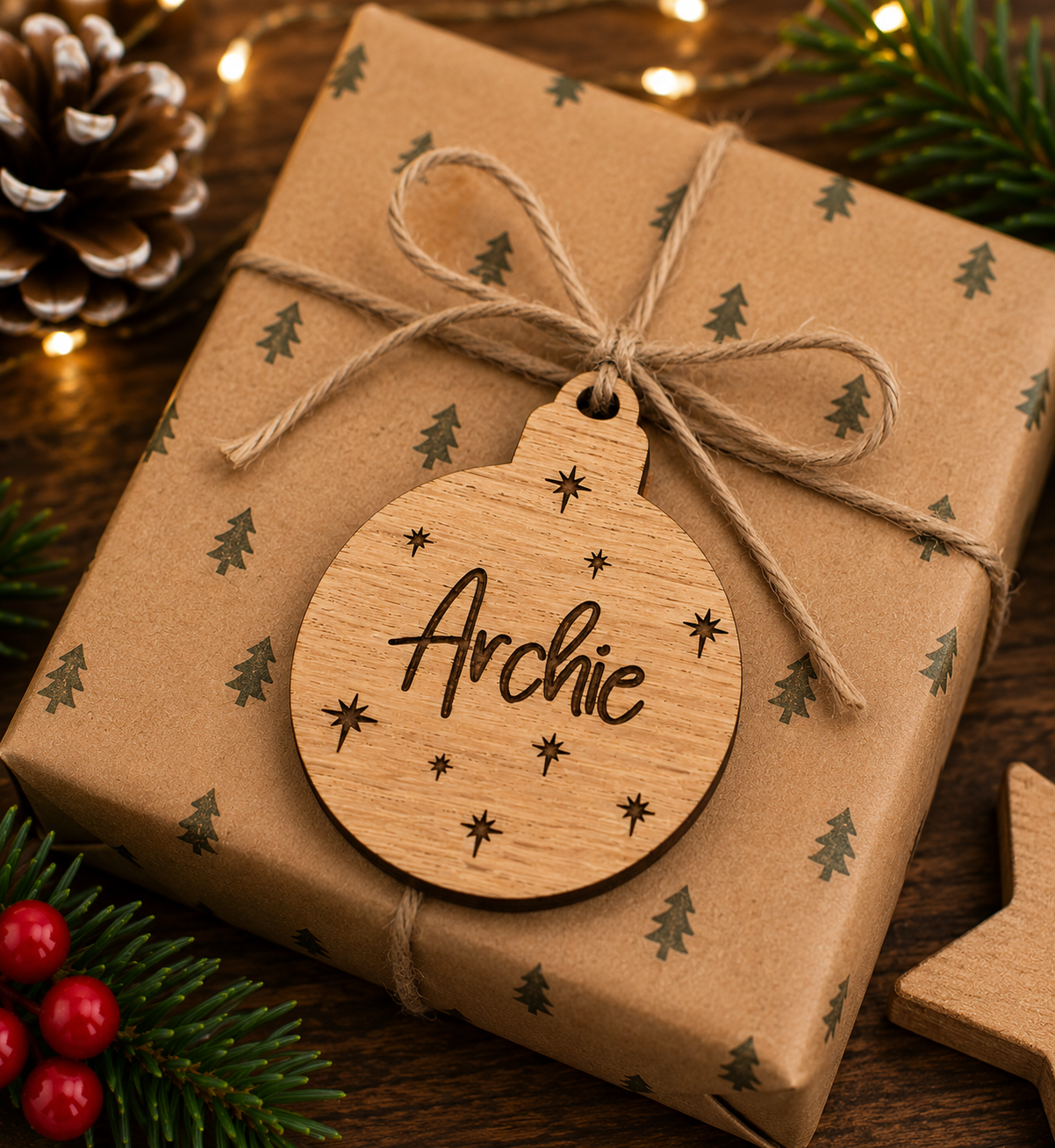 Wooden Christmas present tag with name