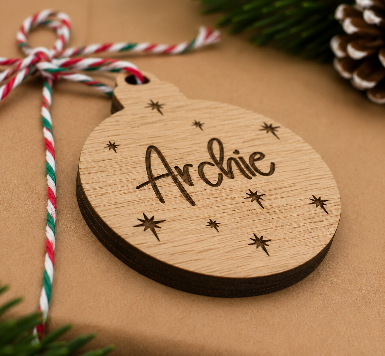 Engraved Christmas bauble name decoration side view