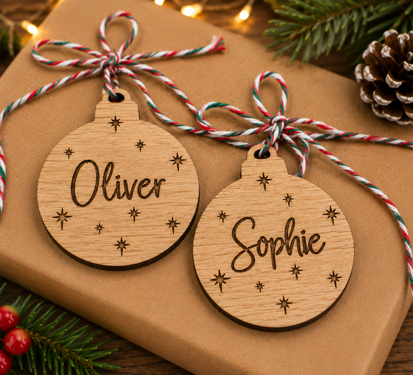 Personalised wooden bauble Christmas gift tags