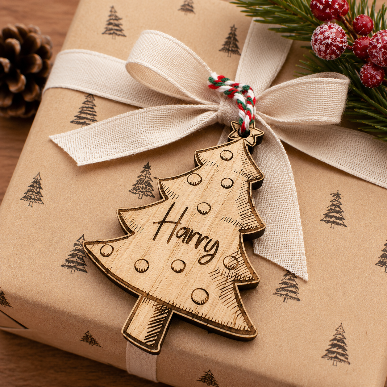 Personalised Christmas Tree Gift Tags | Wooden Christmas Name Tags