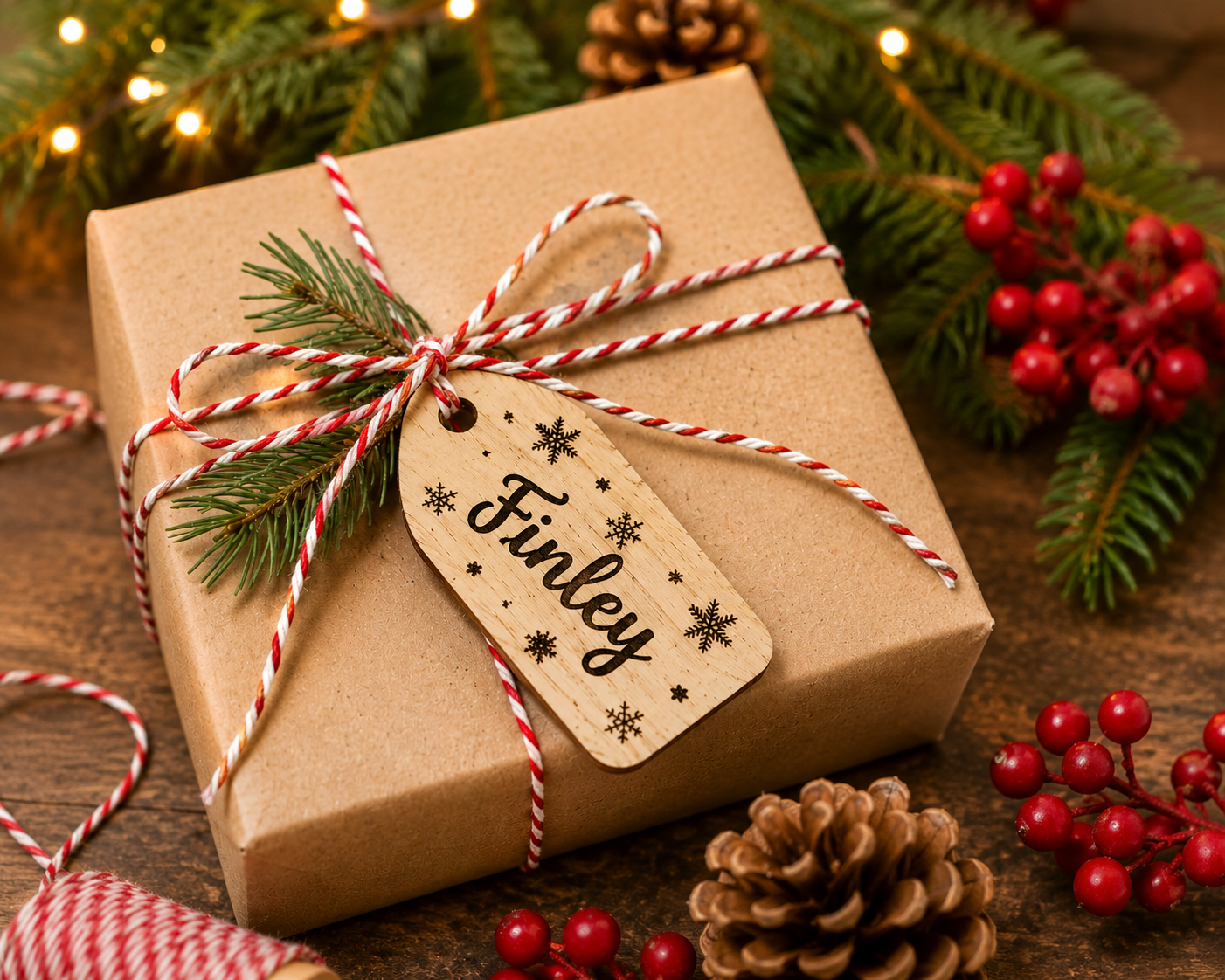 Custom wooden Christmas name tags attached to presents