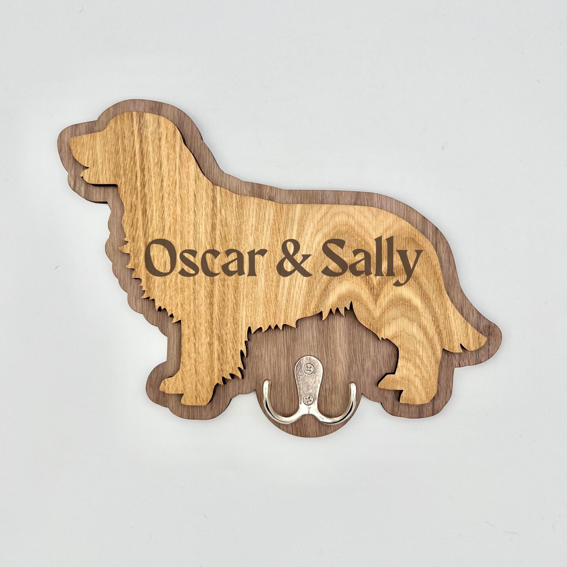 Handmade personalised pet lead hook crafted from oak and walnut wood