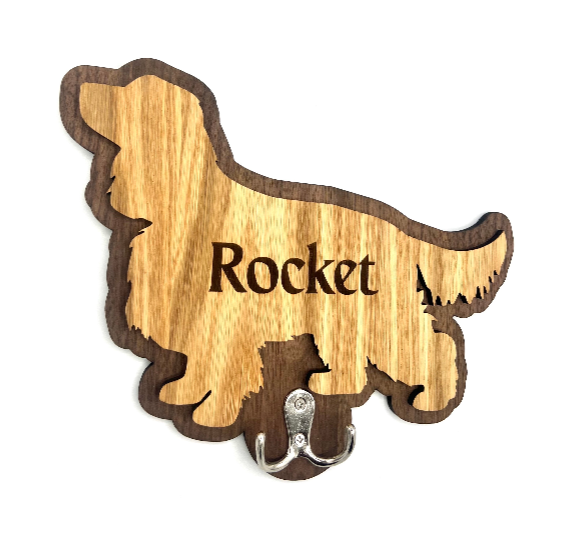 Engraved oak and walnut dog lead wall hook of cocker spaniel
