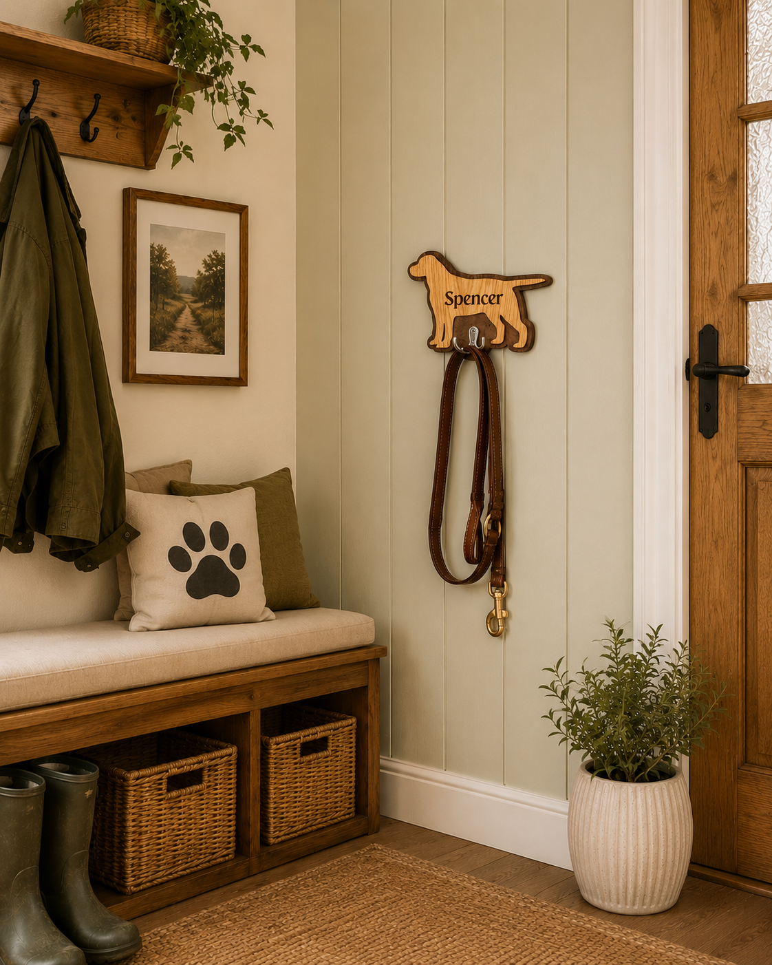 Wooden dog leash holder hanging in hallway with dog lead
