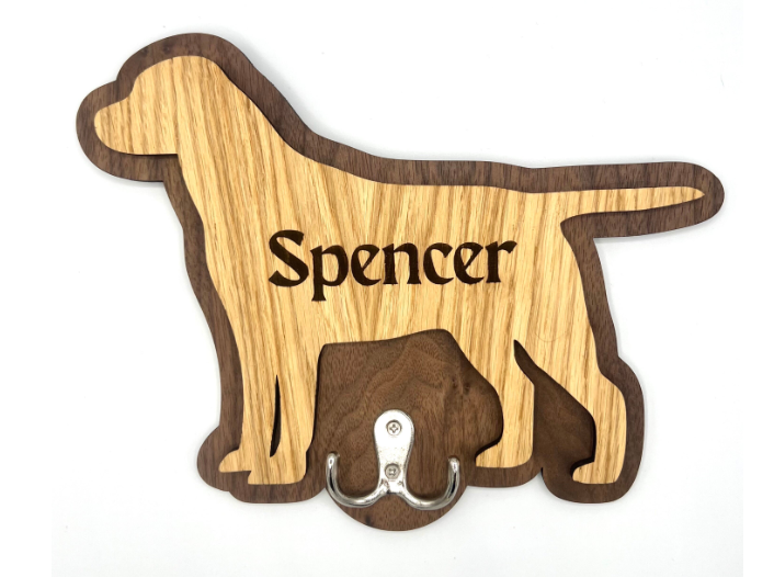 Engraved oak and walnut dog lead wall hook