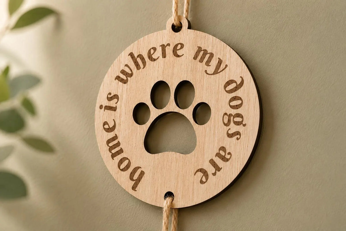 wooden wall plaque home is where my dogs are with hearts showing their names 