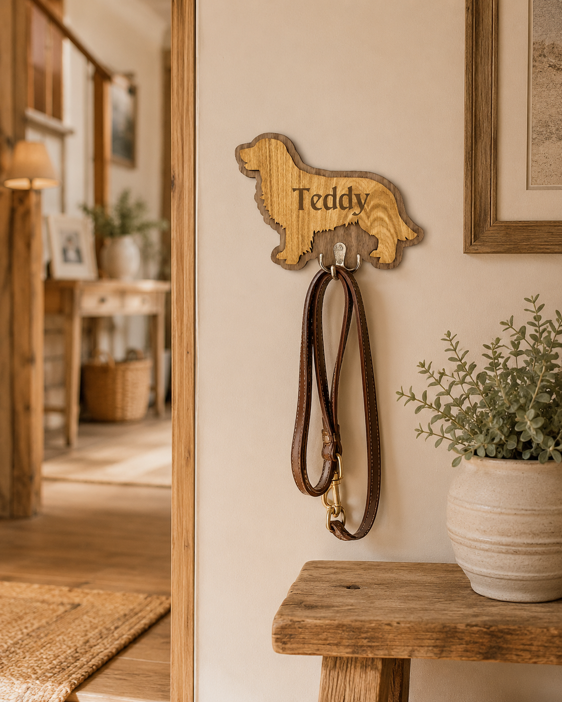 Personalised dog wall hook displayed in modern farmhouse hallway