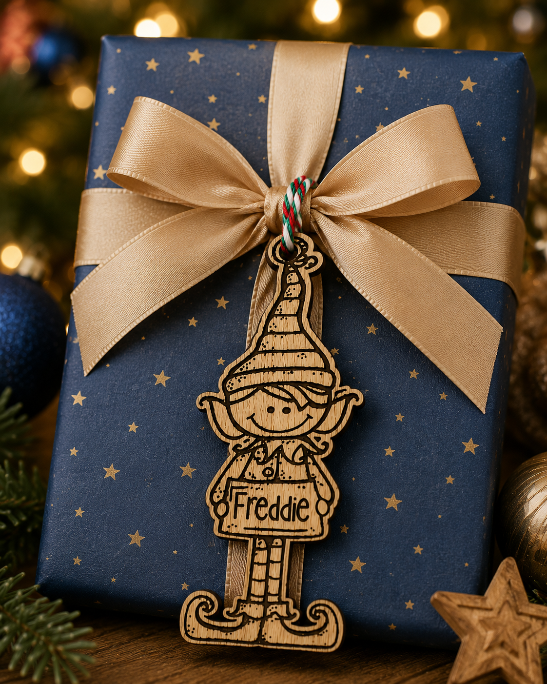 Personalised Wooden Elf Gift Tag | Boy or Girl Christmas Name Decoration