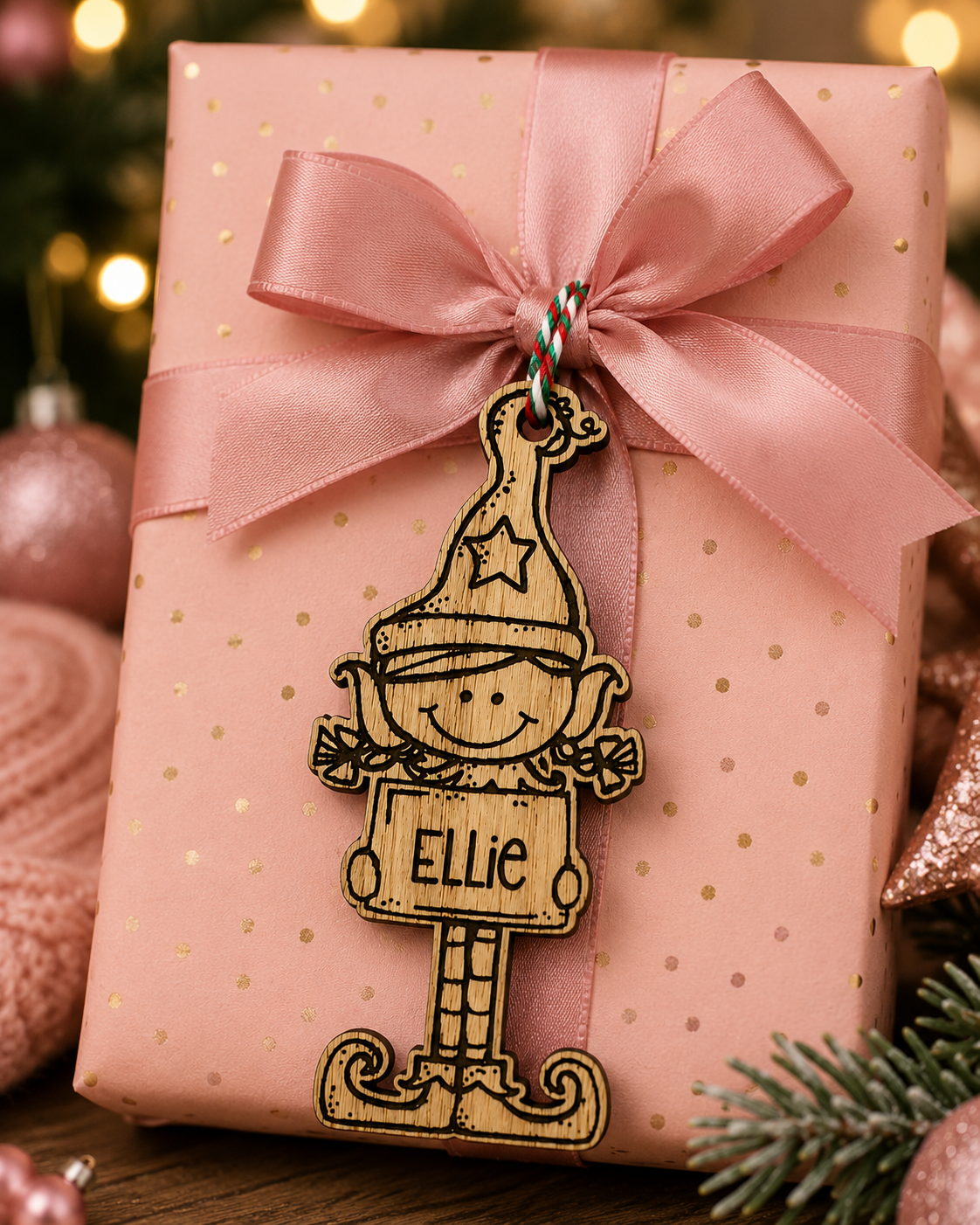 Personalised Wooden Elf Gift Tag | Boy or Girl Christmas Name Decoration
