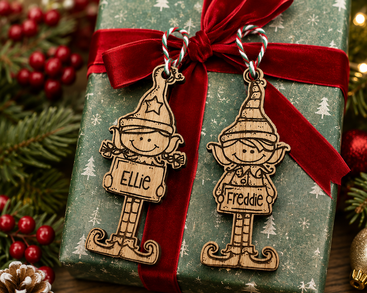 Personalised Wooden Elf Gift Tag | Boy or Girl Christmas Name Decoration