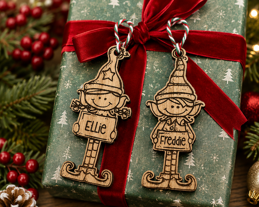 Personalised Wooden Elf Gift Tag | Boy or Girl Christmas Name Decoration