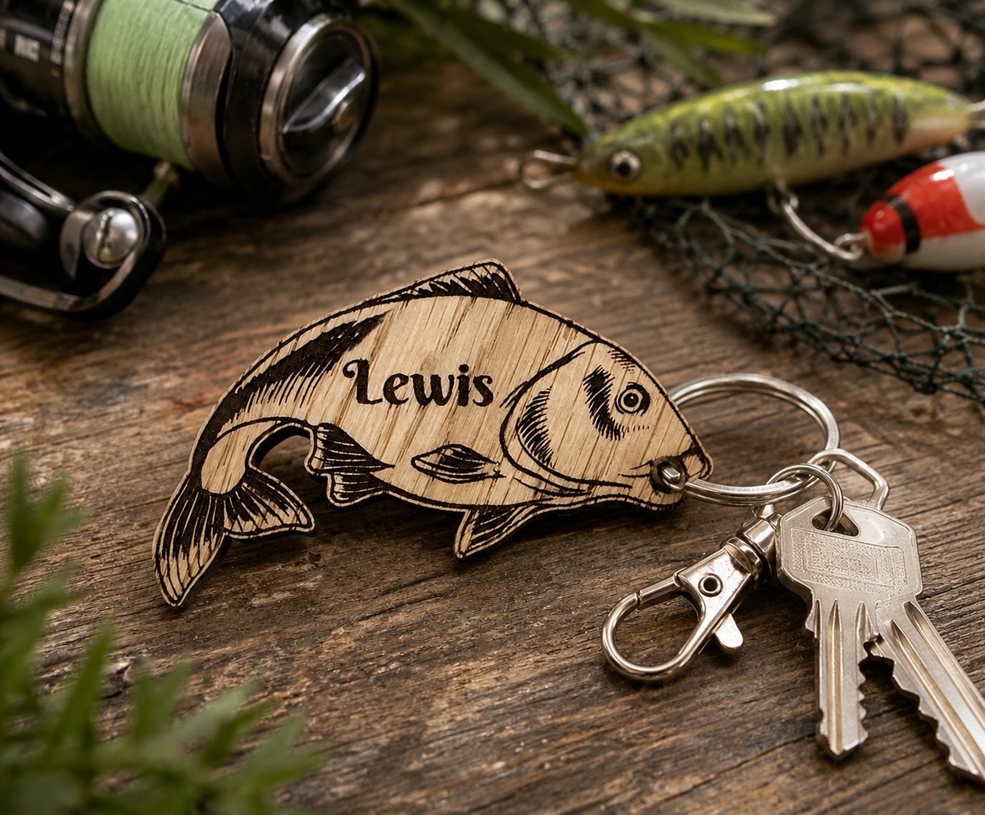 Engraved fish keychain made from oak wood
