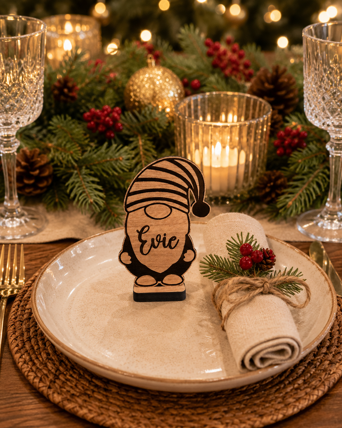 Wooden gonk place name for festive dining table