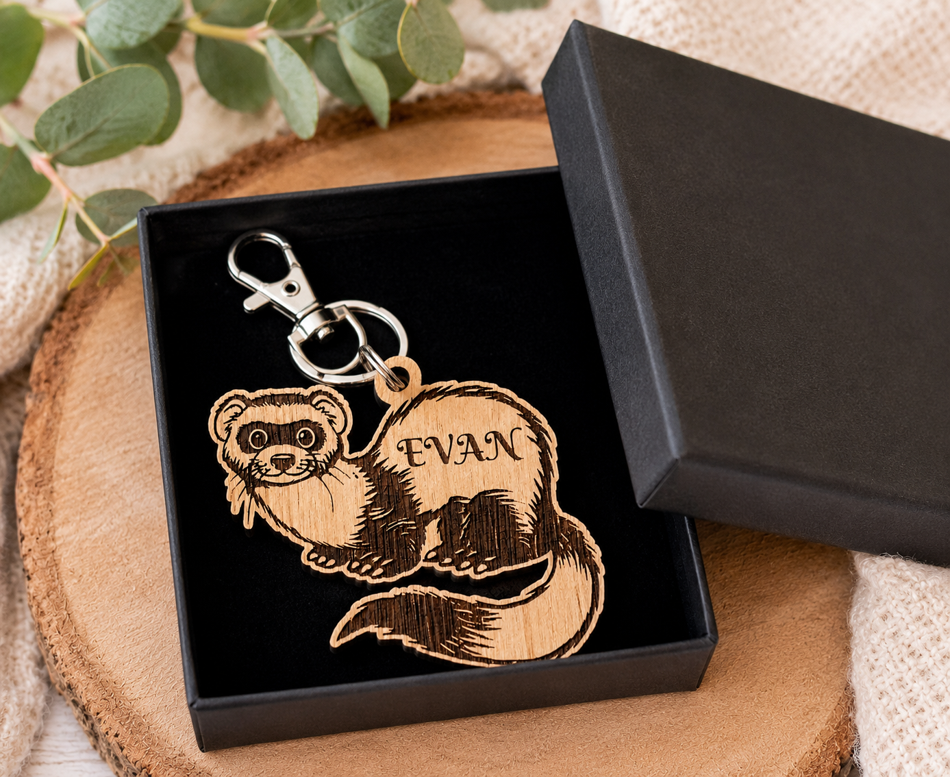 Handmade wooden ferret keyring personalised with name